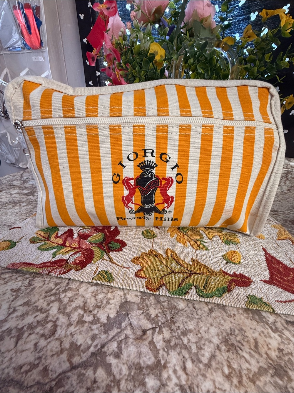 Giorgio Armani Yellow and Cream Striped Canvas Cosmetic Pouch